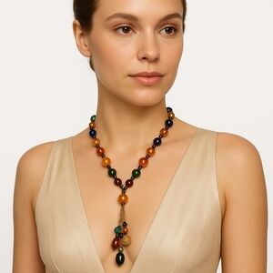 Vintage  Long Style Glass Bead Necklace ..multicolor Lariat Pendant